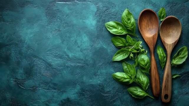Wooden spoons and basil leaves on a textured teal background.