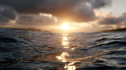 Close up view of ocean waves reflecting the golden sunlight during a serene sunset with dramatic overcast clouds in the sky