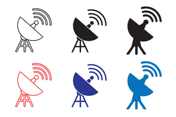 Collection of Satellite Dishes with Signals Emitting Various Colors on a White Background