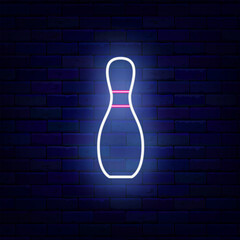 Bowling club. Single pin neon icon. Strike winning. Sport tournament sign on brick wall. Light emblem. Editing text. Vector stock illustration