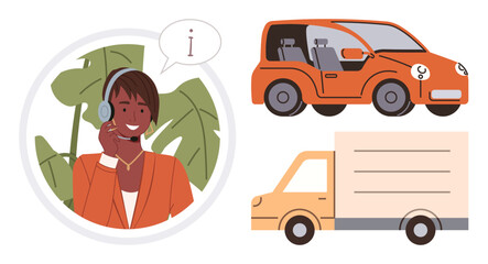 Smiling operator with headset providing assistance, small car and delivery truck illustrations. Ideal for customer service, transportation, logistics, vehicle rental, delivery, communication
