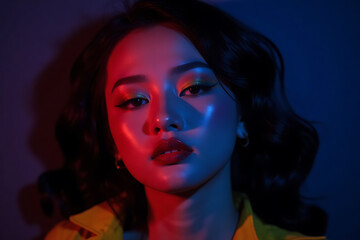 Stunning woman with colorful makeup and neon lights on her face