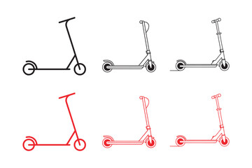 Assorted electric scooters displayed in various line art styles against a white background.