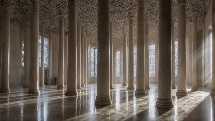 Fototapeta premium Sunken Palace - A Serene Interior with Columns and Reflected Light.