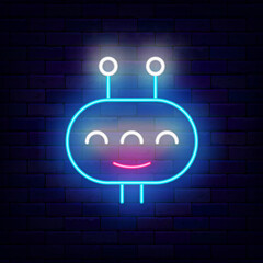 Blue cosmic alien neon icon. Astronomy UFO. Kids label on brick wall. Cosmonaut symbol. Universe science. Editable stroke. Vector stock illustration