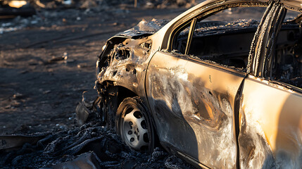 Aftermath of Destruction: A vehicle that has been completely burned, only the scorched shell and remnants of its tires remain, a scene of loss and destruction.