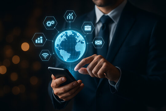 Professional businessman using smartphone with glowing holographic Earth surrounded by digital icons representing corporate technology and online connectivity - Powered by Adobe