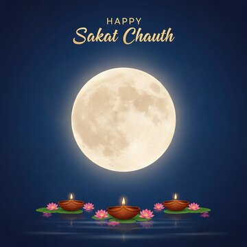 Happy sakat chauth celebration with a glowing full moon and traditional diyas