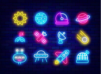 Astronomy neon icons collection. Observatory and comet. Spaceship, sun and telescope. Cosmic set. Universe flight. Bright flyer. Editable stroke. Vector stock illustration