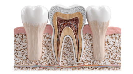 Human tooth cross section anatomy showing enamel, dentin, pulp, root, gum, and jawbone, transparent background