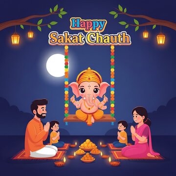 Happy sakat chauth celebration with family praying to lord ganesha under the full moon