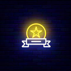 Winner medal with ribbon neon icon. Championship sport trophy. Talent, quiz show. First place prize. Team competition. Editable stroke. Vector stock illustration