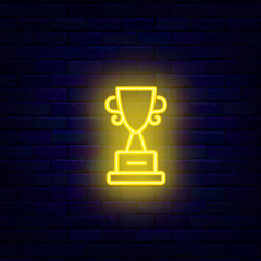 Award cup with star neon icon. Championship sport trophy. Talent, quiz show. First place prize. Editable stroke. Vector stock illustration