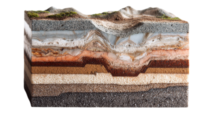 Earth layers cross section showing geological strata, soil, and rock formation with an underground relief on a transparent background