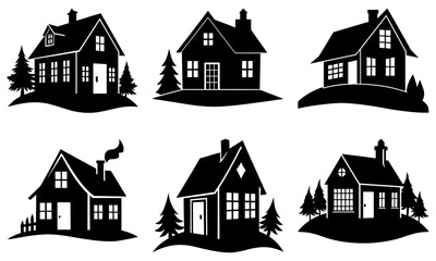 Fototapeta premium Six Black and White Silhouette Houses with Trees on Transparent Background