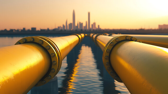 Pipes stretch across the water, a cityscape silhouetted on the horizon under a golden sunset, creating a modern and industrial image. #pipeline #cityscape #sunset - Powered by Adobe