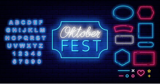 Oktoberfest neon label. Traditional Germany holiday. Geometric frames collection. Alcohol party. October beer event celebration. Bright greeting card. Shiny blue alphabet. Vector illustration