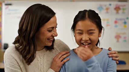 Teacher and student share a joyful laugh in a bright classroom