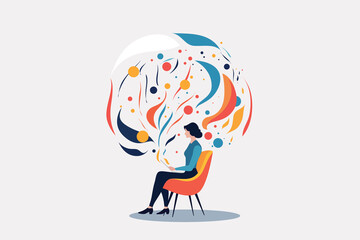 Silhouette of woman sitting in therapist’s chair facing spiritual figure, modern flat vector illustration symbolizing psychotherapy, deep conversation, soul healing, guidance and mental health support