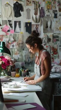 Fashion designer sketching new ideas at her cluttered desk surrounded by mood board inspiration