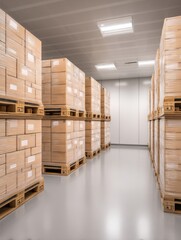 A clean, organized storage room filled with wooden pallets stacked with boxes, showcasing efficient space management.