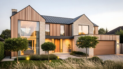 Contemporary two-story house with wood cladding and stone accents