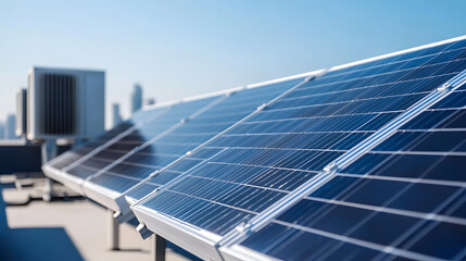 Obraz premium Rows of solar panels bask under a bright, cloudless sky, representing clean energy innovation on a building rooftop, merging sustainability and urban progress.