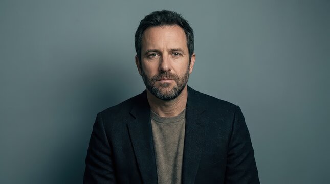Serious Middle-Aged Man with Beard Wearing a Dark Blazer and Tan Sweater on a Grey Studio Background