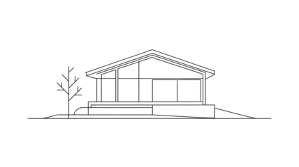 Modern House Outline in Simple Line Art with Minimalist Design on White Background for Architectural Illustration