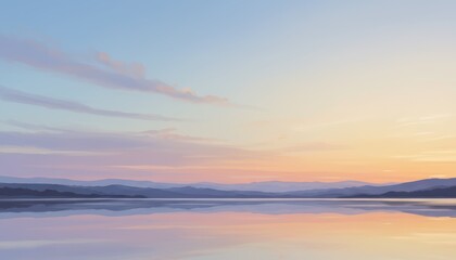 Serene Minimalist Landscape Illustration of a Peaceful Lake Reflecting Distant Mountains at Sunset