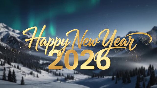 Golden text Happy New Year 2026 overlaid on a majestic snowy mountain landscape under a vibrant Aurora Borealis sky, symbolizing new beginnings and celebration. - Powered by Adobe