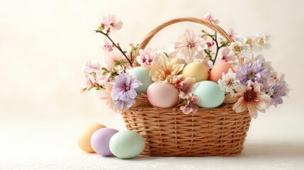 Obraz premium A wicker basket overflowing with colorful pastel-colored eggs and springtime flowers, set against a soft, creamy backdrop