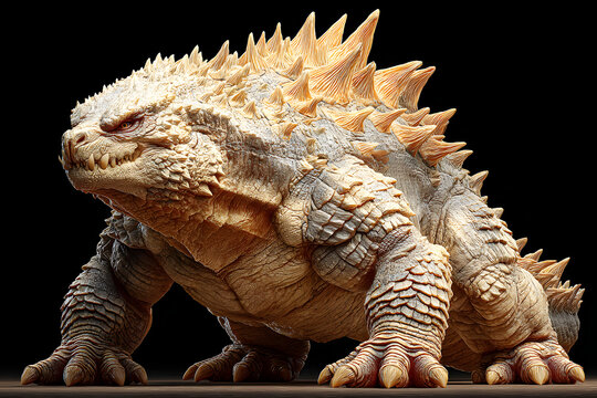 Massive godzilla creature towering with fierce expression and sharp spines against a plain background, showcasing its formidable and iconic presence in monster lore