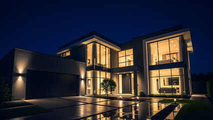 Modern luxury house at night with warm interior lighting