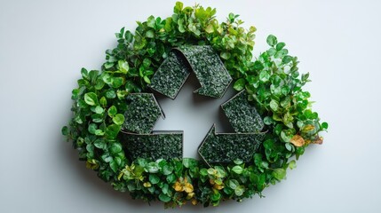 A circular wreath made of green leaves surrounds a recycling symbol. The design emphasizes sustainability and environmental awareness.