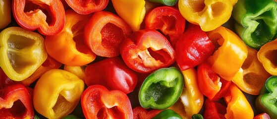 A colorful assortment of sliced bell peppers in red, yellow, green, and orange. The peppers are arranged closely together, showcasing their vibrant colors and textures.