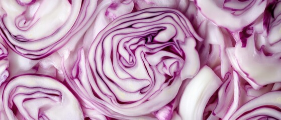 Obraz premium Close-up of sliced red cabbage with intricate patterns and textures. The vibrant purple and white colors create a visually appealing composition.