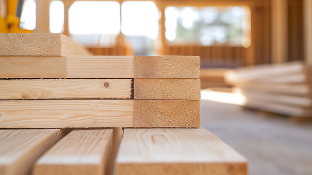 A stack of lumber sits ready for construction, showing off its natural grain. Close-up of light-colored wood stacked precisely and framed by building. Texture details.