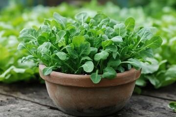 A pot filled with fresh arugula leaves sits on a wooden surface. The background features a lush green garden, emphasizing a healthy, organic lifestyle.