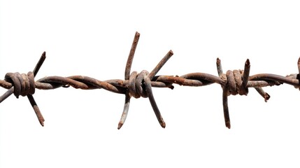 Rusty barbed wire with sharp points, isolated on a white background. The wire is twisted and aged, showcasing a weathered texture.