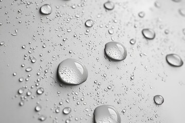 Close-up of water droplets on a smooth surface. The droplets vary in size and create a textured appearance against a gray background.