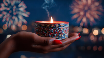 Indian festive candle in female hands with fireworks in the background, traditional decorated holder, spiritual celebration and festival greeting concept	
