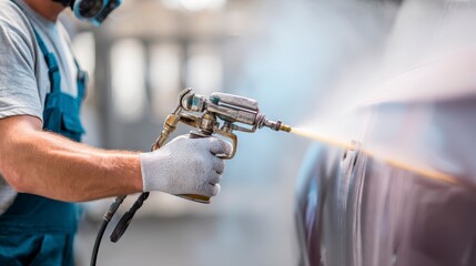 Close-up of a worker spraying a car with paint in a workshop, wearing gloves and a respirator for safety