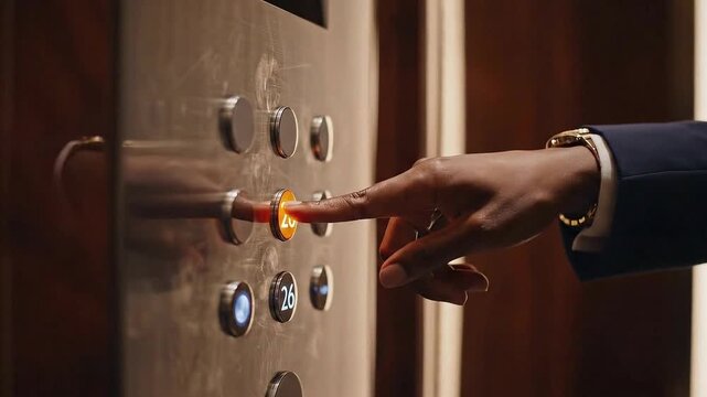 A person wearing a suit and gold watch is pressing an elevator button.