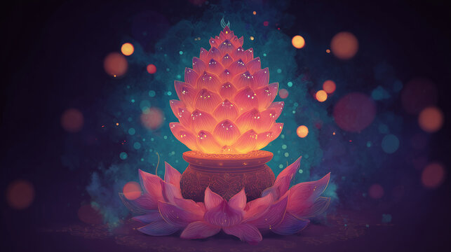 Purna kalasha with glowing lotus flower and sacred light in dark mystical space, traditional indian symbol of abundance and prosperity, spiritual ritual concept for meditation, festival, wellness