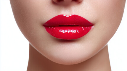 Obraz premium Glossy red lips close-up with smooth skin texture on clean white background, elegant beauty and makeup concept showing sensual lipstick shine, minimal aesthetic for cosmetics advertising, branding