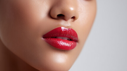 Fototapeta premium Glossy red lips close-up with smooth skin texture on clean white background, elegant beauty and makeup concept showing sensual lipstick shine, minimal aesthetic for cosmetics advertising, branding