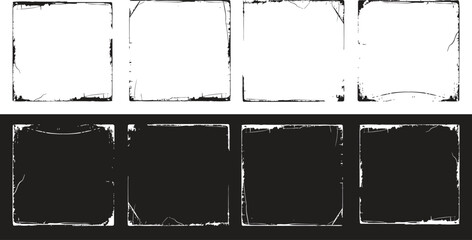 Grunge distressed frame set with rough rectangular borders in black and white. Worn paint textures create vintage poster and photo frame effects. Ideal overlays for backgrounds, prints, and modern 