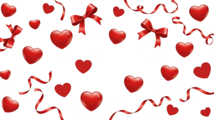 Scattered red hearts and bows