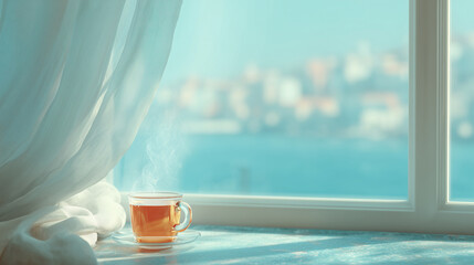 Calm morning tea in a transparent glass cup on a windowsill with soft city and sea view, minimalist cozy lifestyle scene with natural light for wellness concepts, relaxation banners, blogs and editori